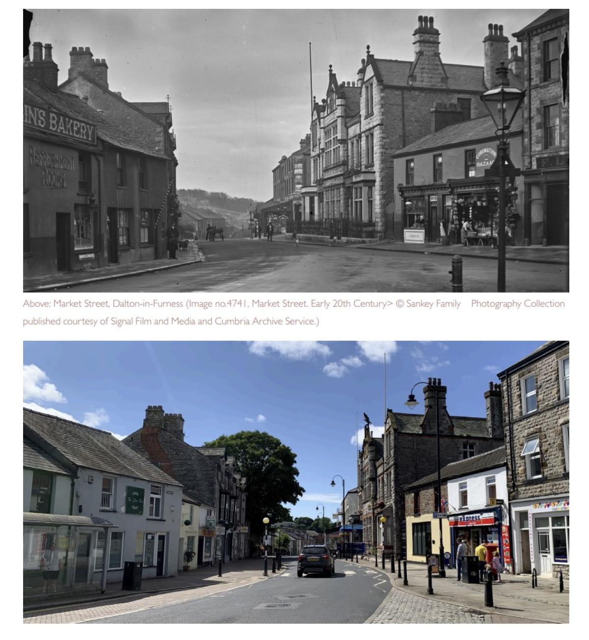 Top photograph of a black and white photograph of a street circa 1900 the bottom photo is a colour photo of the street today. 