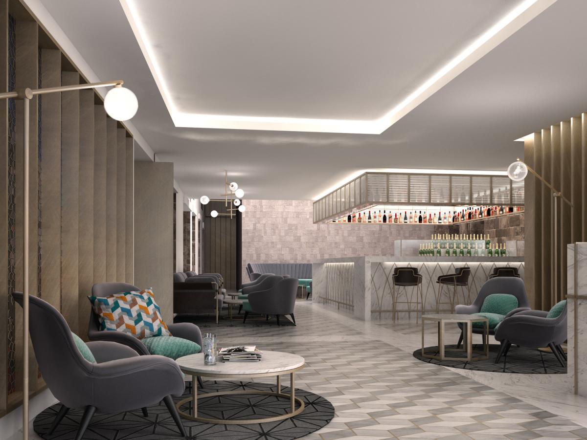 a cgi of a hotel bar and lounge with green and grey chairs and an art deco feel bar design