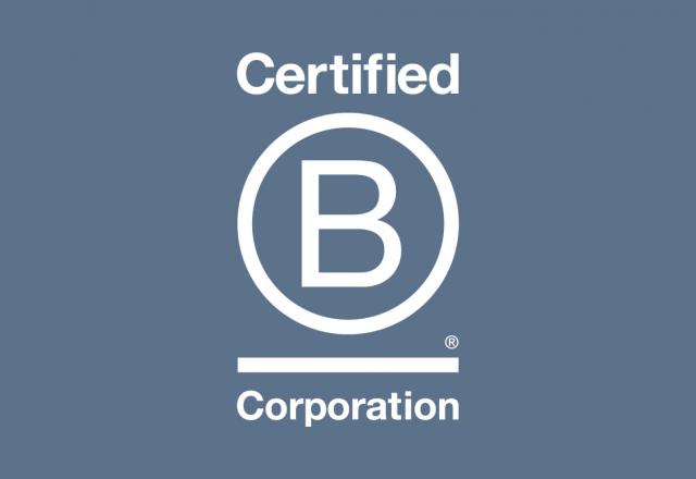 A logo on a navy background that reads 'Certified B Corporation'