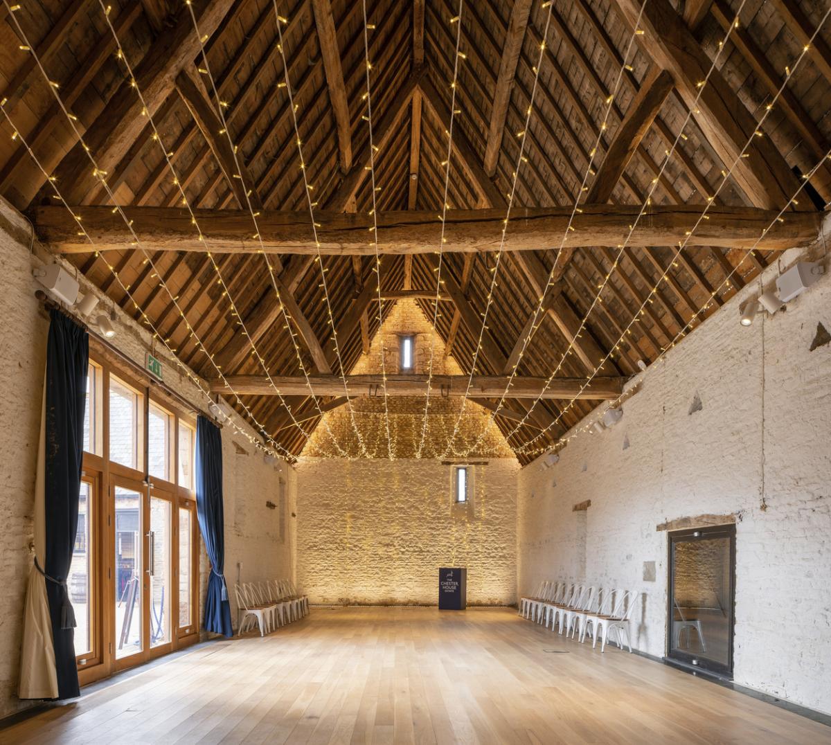A restored historic barn interior