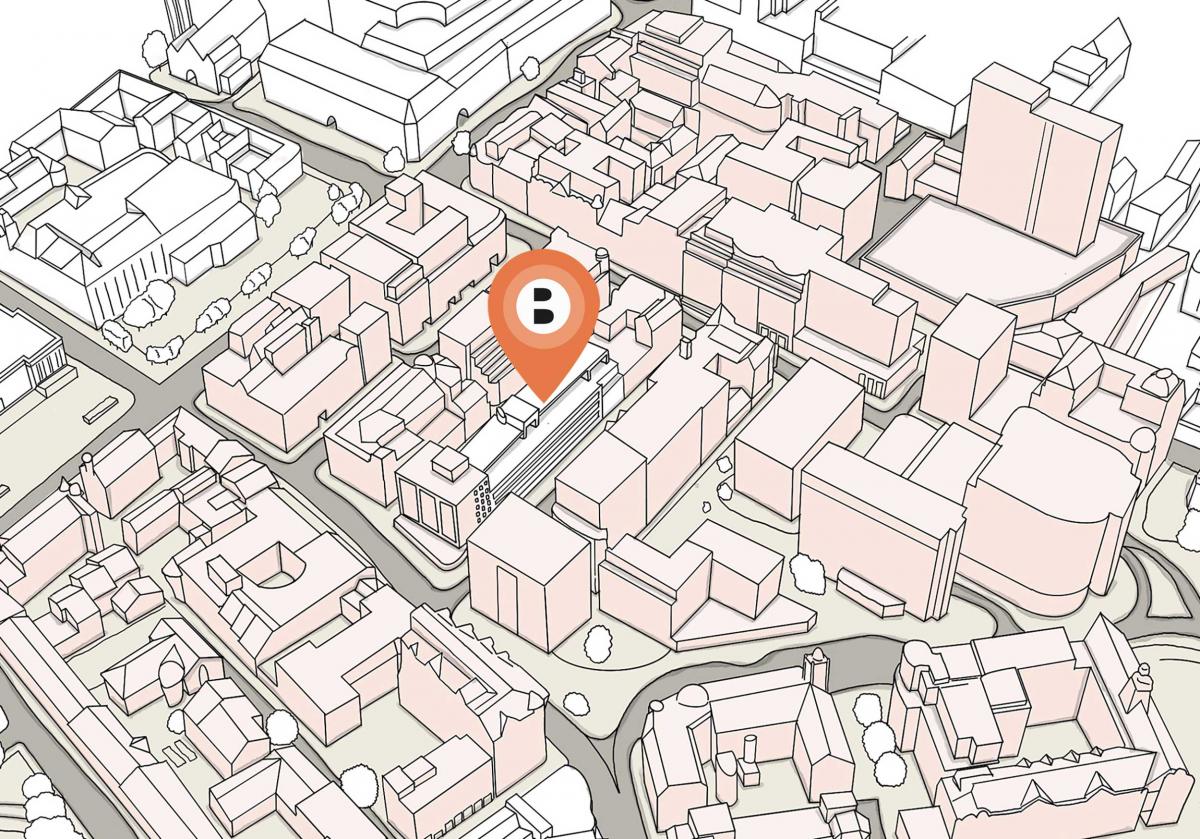 A 3d sketch map of the Buttress Leeds studio located with a pin
