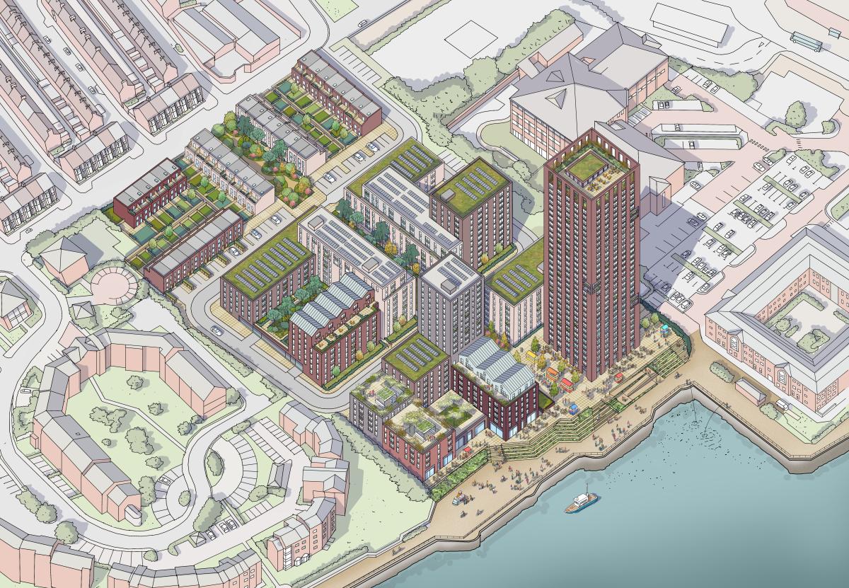 CGI image of Rose Brae, a high-rise building by the Liverpool docks