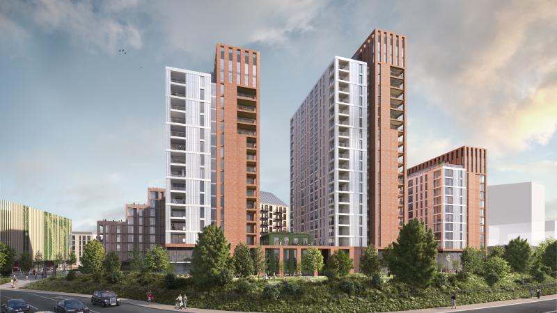 A CGI image of four high-rise buildings with greenery at the botttom