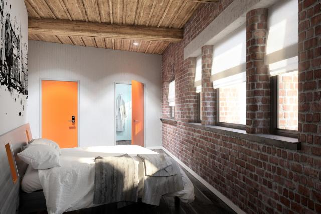 Image of a hotel room located in a former shipping warehouse.